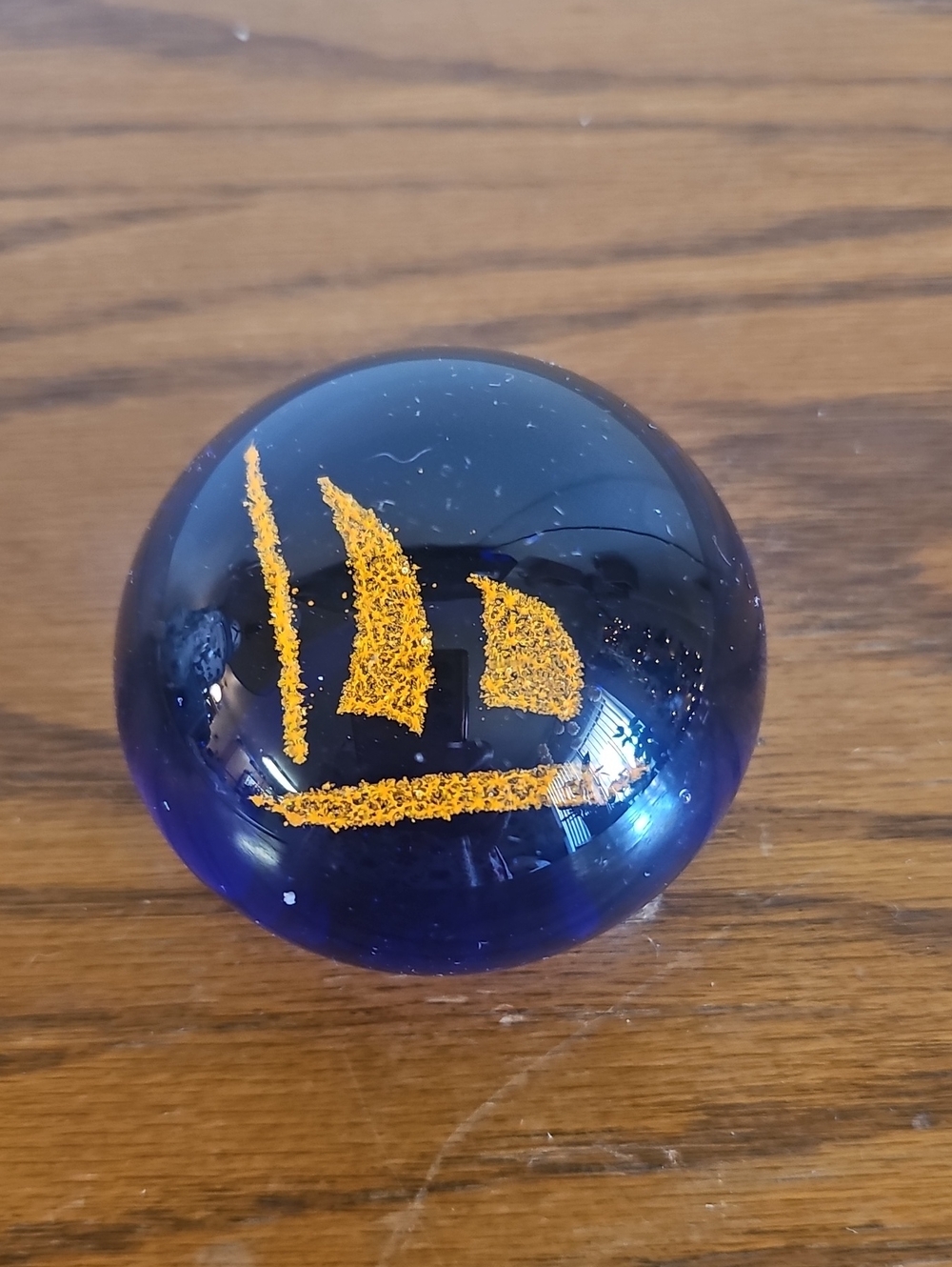 Vintage Cobalt Blue Glass Paperweight with Gold Sailboat Tote 7